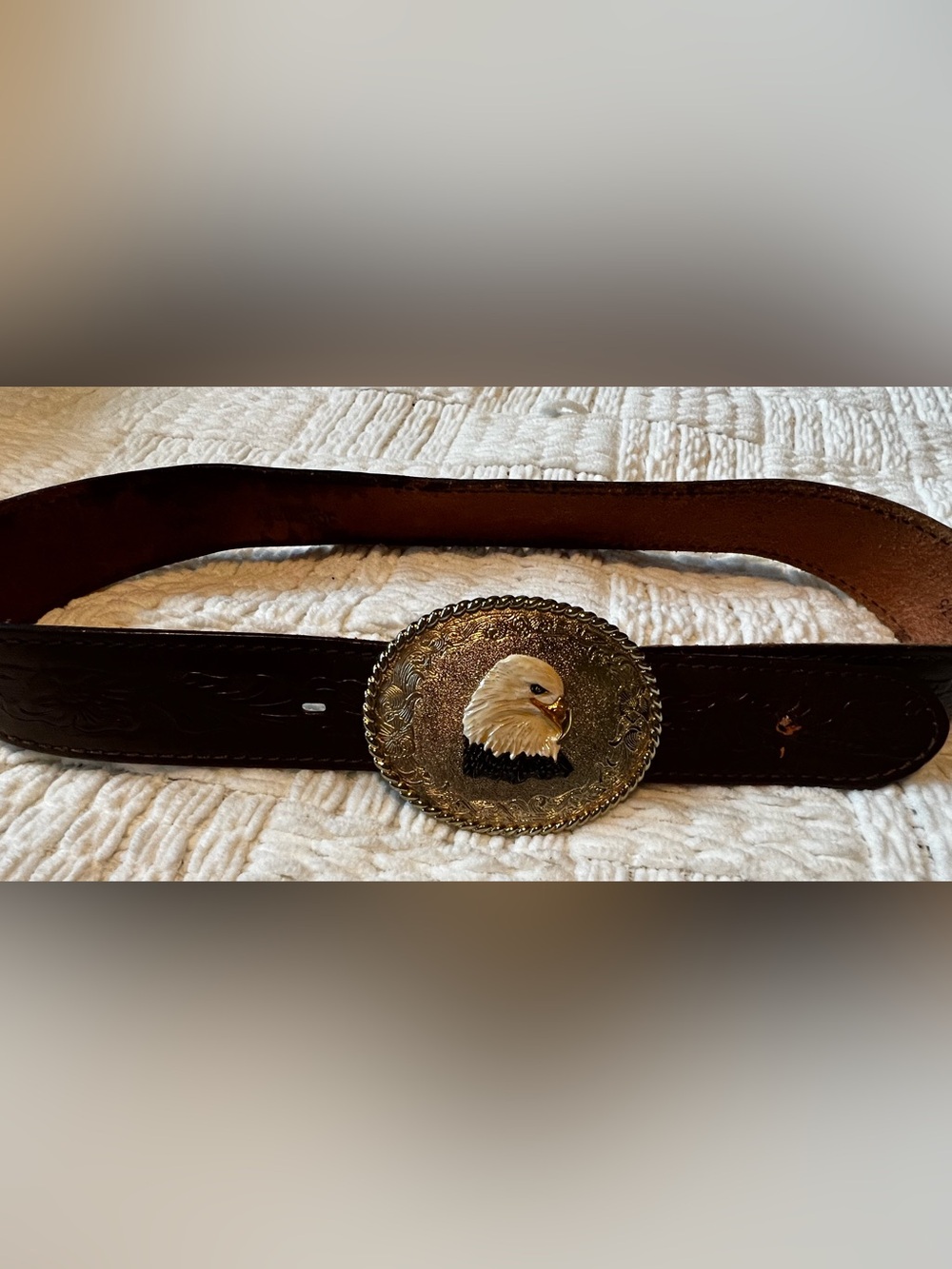 Classic Brown Leather Belt with White Eagle vintage 70’s Gold-Tone Buckle